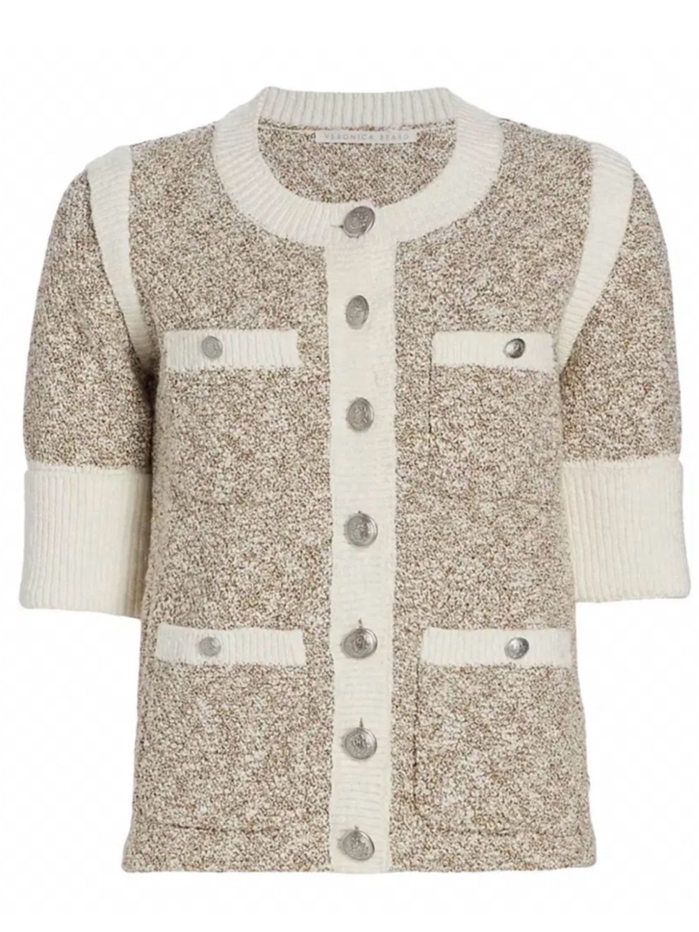 Veronica Beard Kaufman Knit Jacket Cardigan Ivory Brown Size S